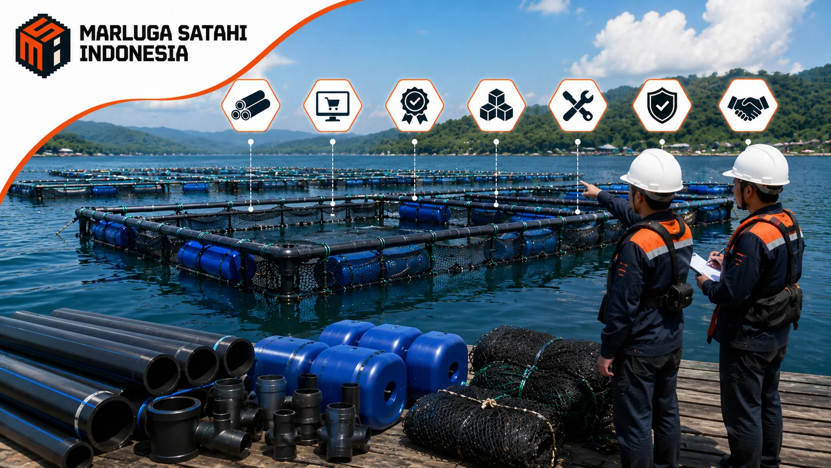 Banner Keramba Jaring Apung HDPE Marluga Satahi Indonesia dengan tim teknis melakukan inspeksi kualitas, material HDPE, jaring, fitting pipa, dan proses pengangkatan modul KJA untuk mendukung pengadaan pemerintah.