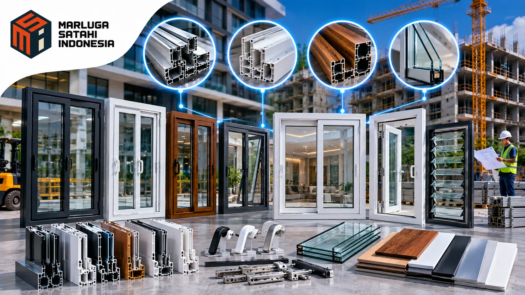 Display produk kusen proyek INAPROC yang menampilkan beragam spesifikasi profil kusen, material kaca, dan komponen hardware untuk kebutuhan bangunan modern.