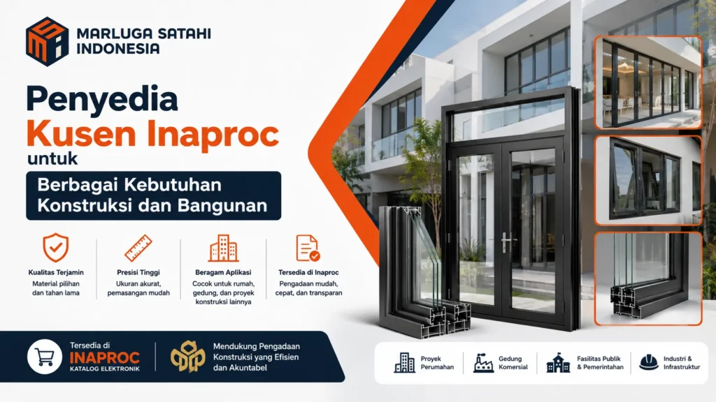 Banner digital Marluga Satahi Indonesia penyedia kusen Inaproc dengan keunggulan kualitas terjamin, presisi tinggi, dan mendukung pengadaan katalog elektronik untuk proyek gedung serta fasilitas publik.