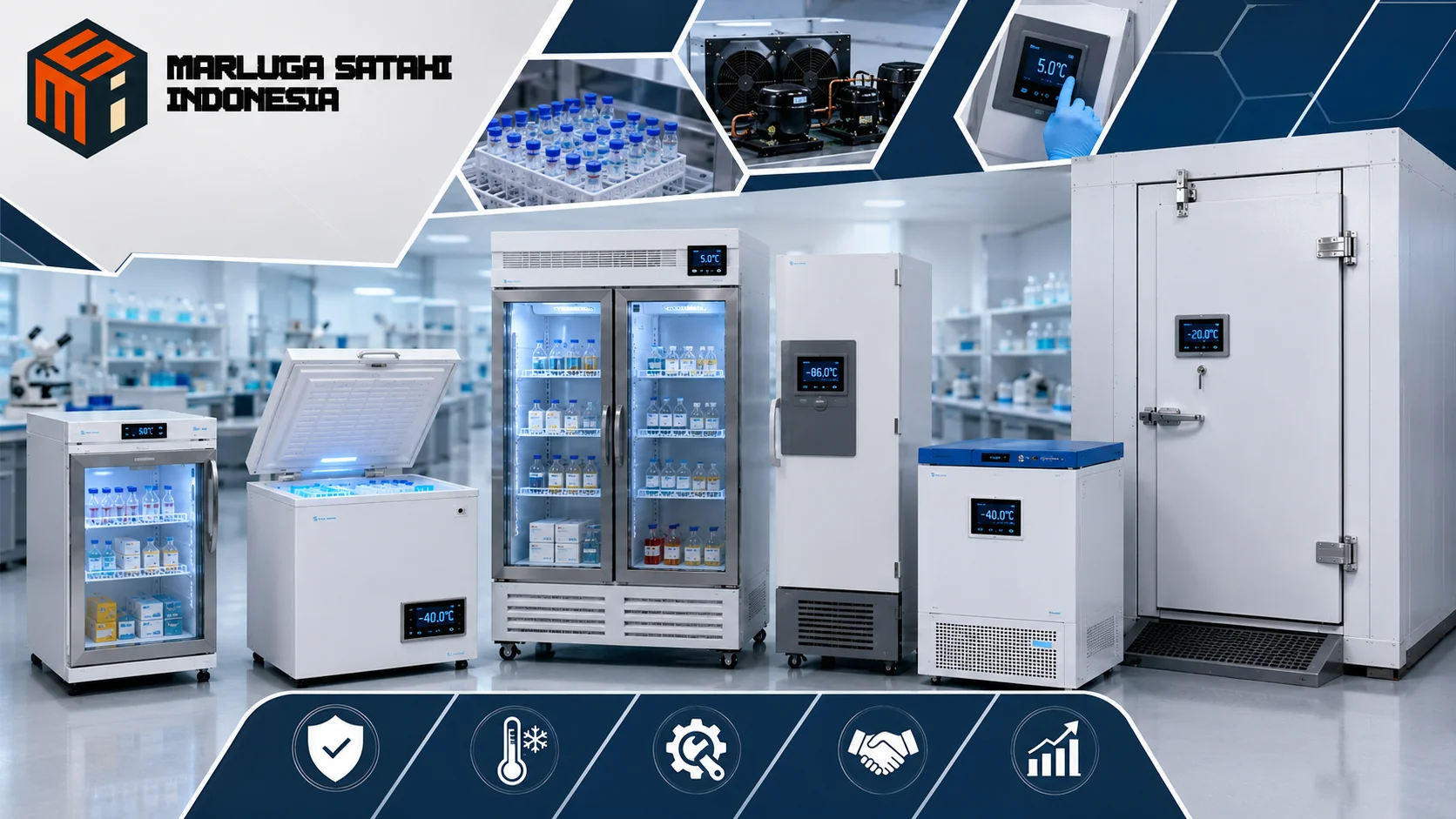Mesin pendingin laboratorium modern dengan berbagai kapasitas ditampilkan bersama ikon digital yang menggambarkan efisiensi pengadaan, transparansi, dan kemudahan pemilihan vendor melalui INAPROC.