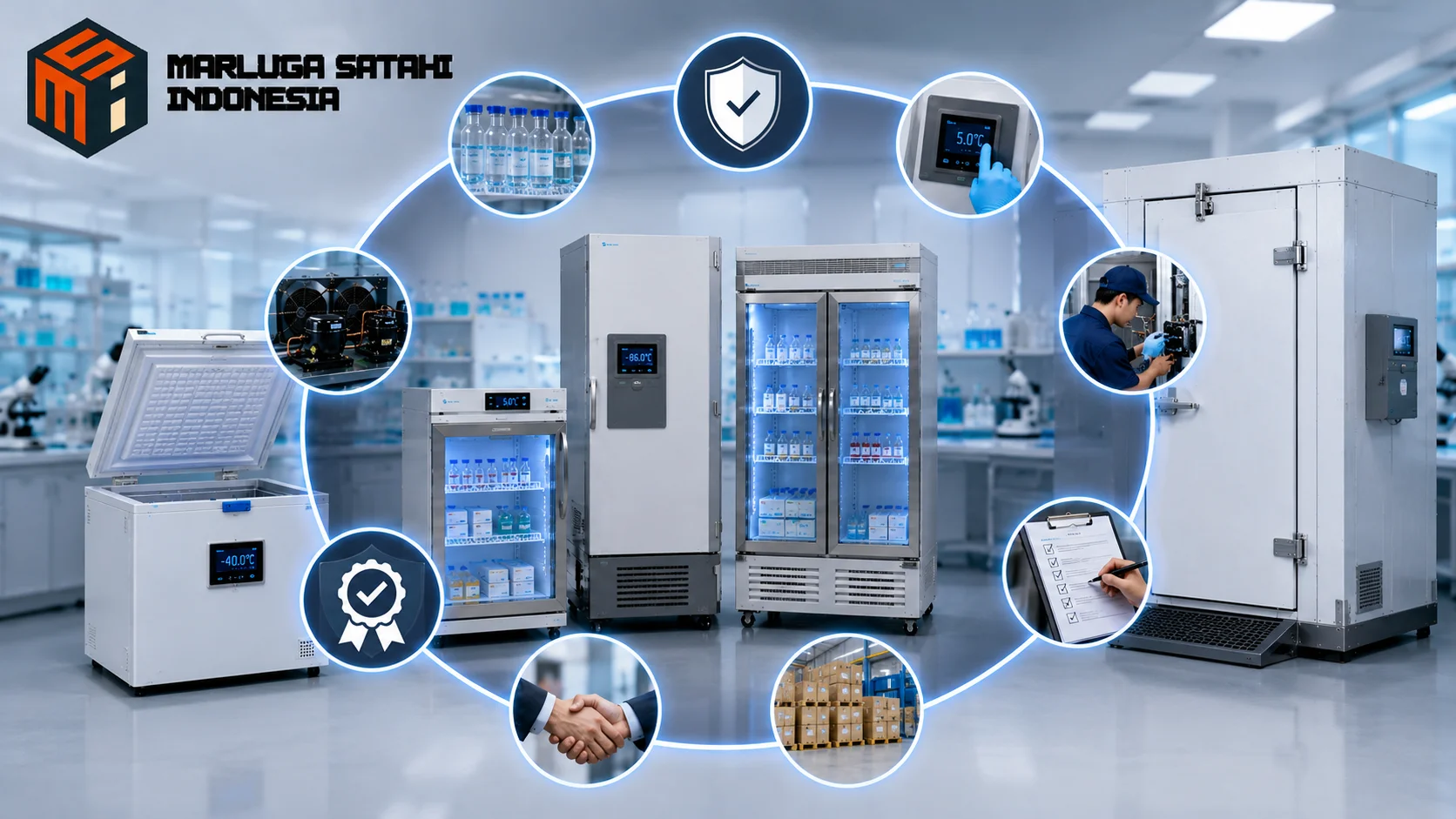 Rangkaian refrigerator laboratorium, freezer, ULT freezer, dan cold room untuk kebutuhan penyimpanan suhu terkontrol dengan dukungan sistem pengadaan digital yang terintegrasi.