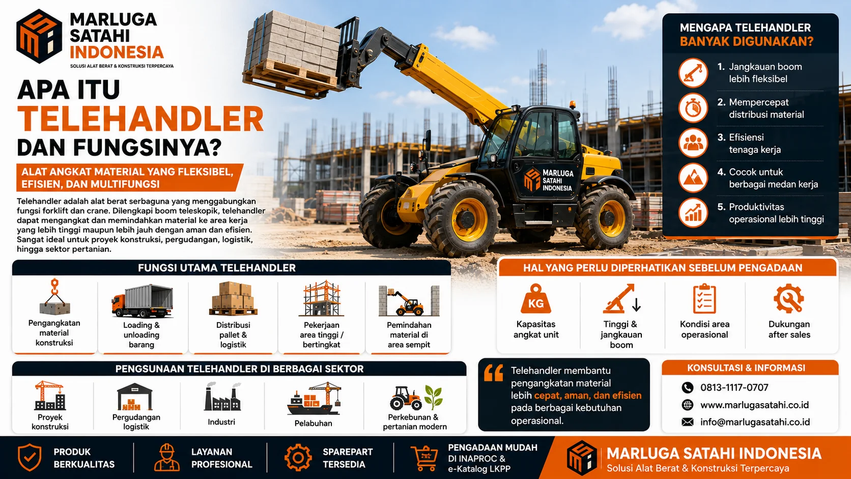 Penyedia Telehandler Inaproc untuk Kebutuhan Operasional dari Marluga Satahi Indonesia menampilkan layanan pengadaan telehandler melalui INAPROC dengan pilihan kapasitas unit, proses pemesanan, layanan purna jual, dan dukungan proyek konstruksi serta logistik.