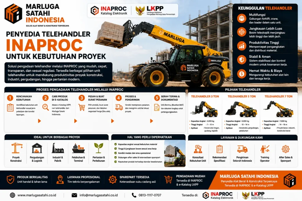 Penyedia Telehandler Inaproc untuk Kebutuhan Proyek dari Marluga Satahi Indonesia, menampilkan telehandler untuk pengangkatan material konstruksi, logistik, industri, dan pergudangan.