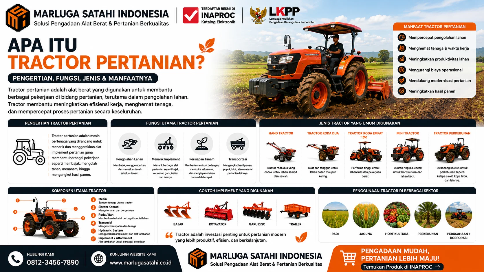 Infografis Penyedia Tractor Inaproc untuk Kebutuhan Pengadaan yang menjelaskan jenis tractor, proses pengadaan melalui INAPROC, serta manfaat penggunaan tractor untuk berbagai kebutuhan pertanian.