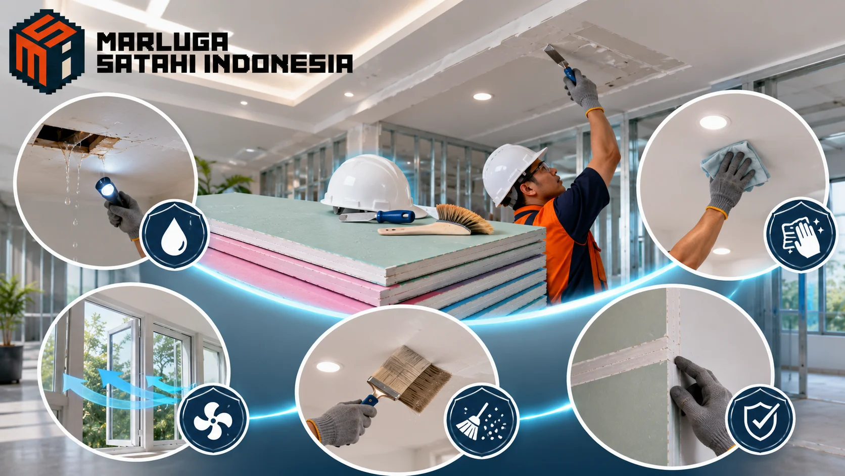 Langkah perawatan gypsum board meliputi pemeriksaan kebocoran, ventilasi, pembersihan, dan inspeksi rutin.