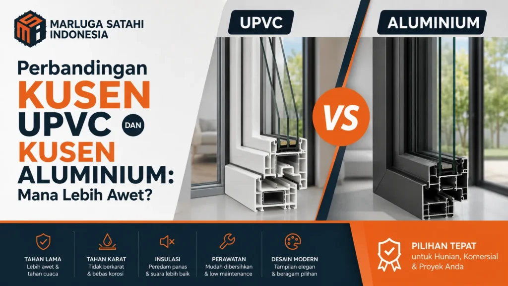 Banner edukasi Marluga Satahi Indonesia tentang perbandingan kusen UPVC dan kusen aluminium untuk proyek hunian dan komersial dengan keunggulan tahan lama, bebas korosi, insulasi suara, serta desain modern.
