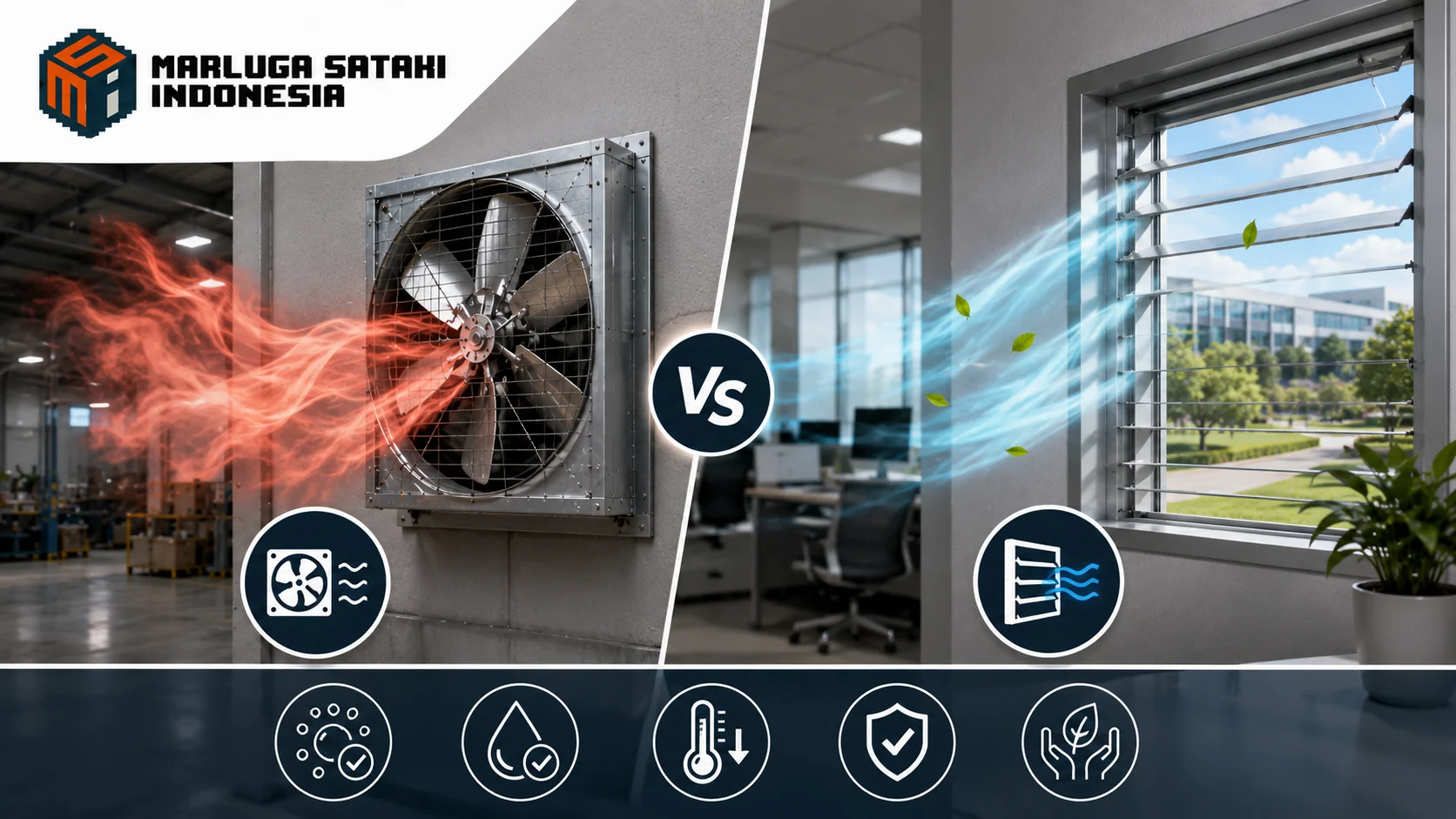 Perbandingan exhaust fan dan ventilator pada sistem ventilasi bangunan modern yang menampilkan aliran udara keluar dan masuk untuk menjaga kualitas udara ruangan.