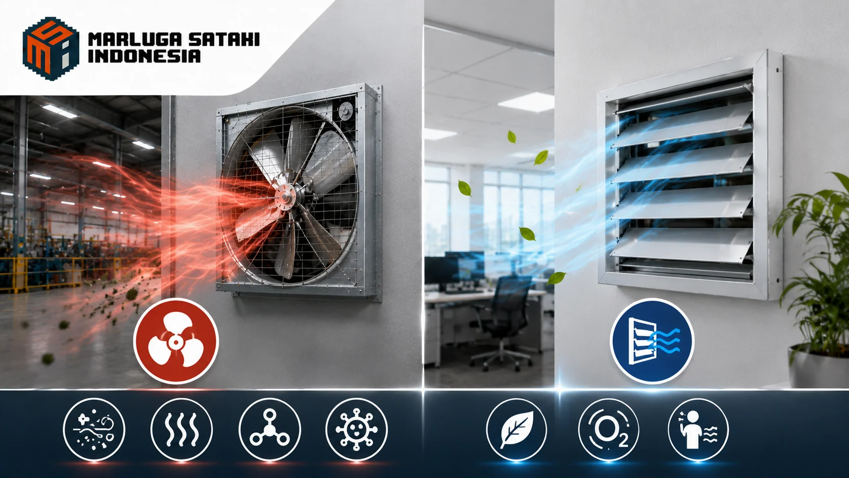 Exhaust fan industri dan ventilator udara segar ditampilkan berdampingan untuk memperlihatkan perbedaan cara kerja dalam sistem sirkulasi udara.