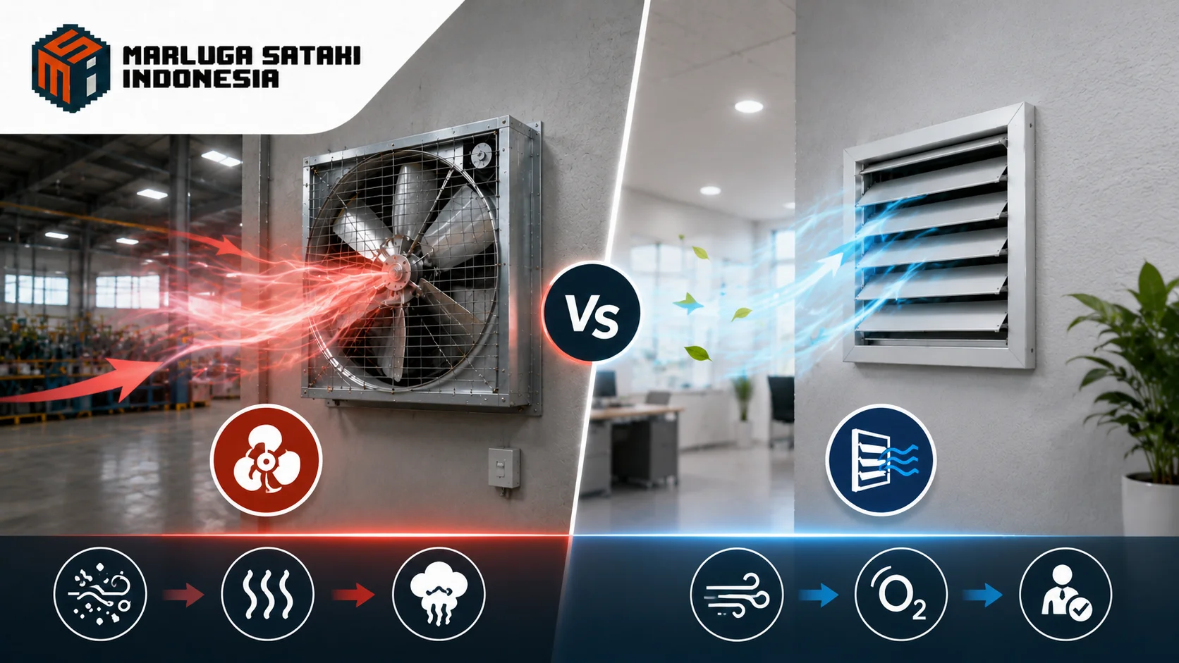Sistem ventilasi dengan exhaust fan yang membuang udara panas serta ventilator yang memasukkan udara segar pada lingkungan kerja modern.
