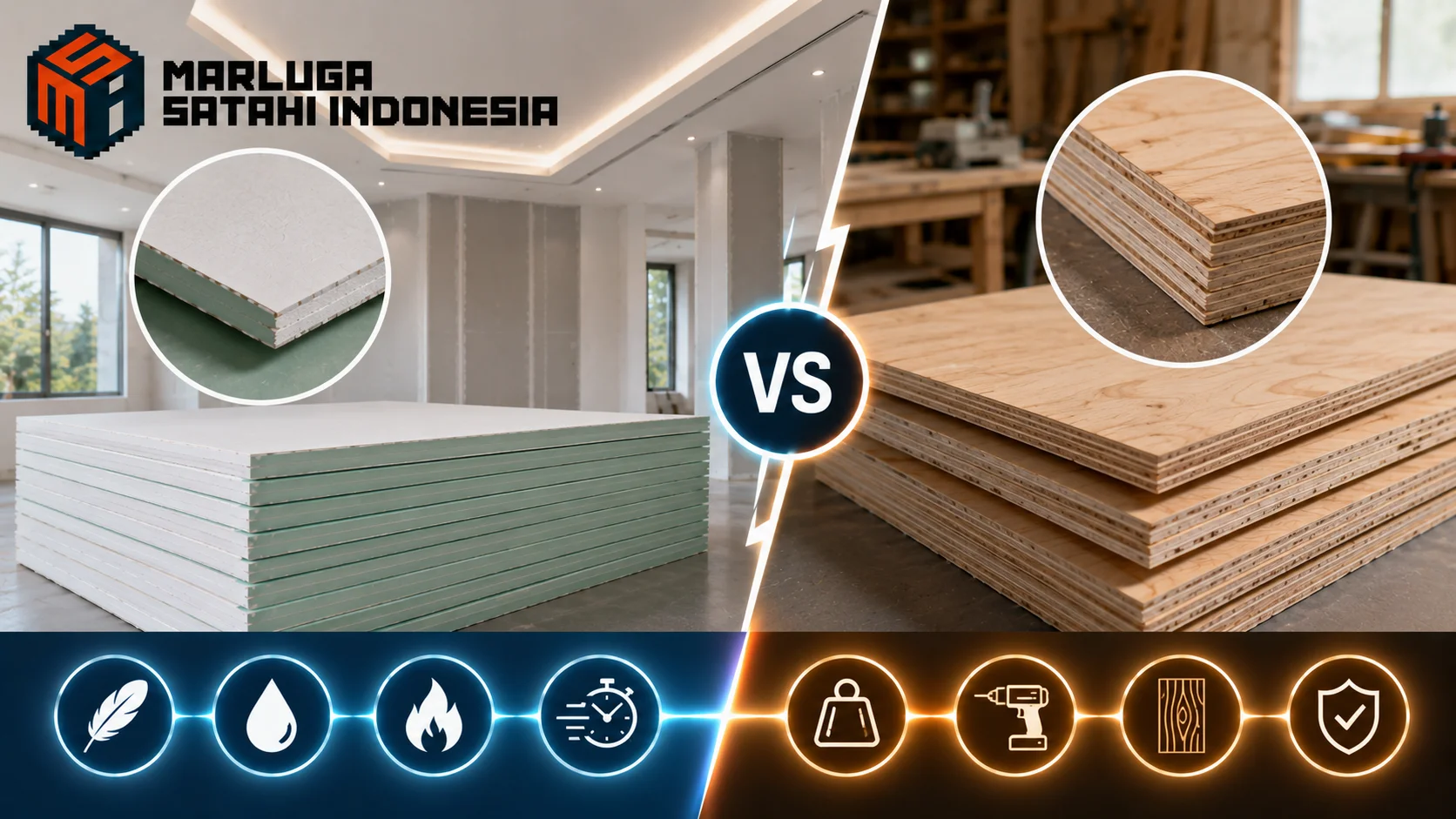 Perbandingan material gypsum board dan triplek dari sisi aplikasi, karakteristik, dan penggunaan bangunan.