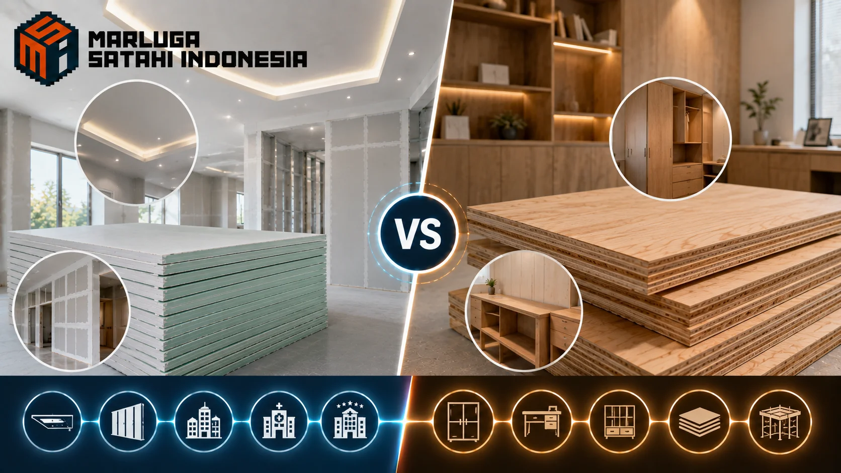 Gypsum board dan triplek sebagai material interior dengan fungsi yang berbeda dalam konstruksi modern.