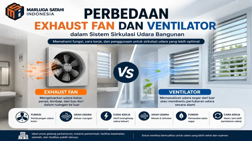 Perbedaan Exhaust Fan dan Ventilator Sistem ventilasi gedung instansi pemerintah Penyedia Marluga Satahi Indonesia untuk meningkatkan kualitas udara dan efisiensi sirkulasi bangunan