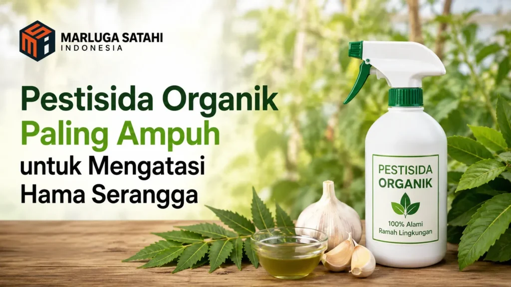 Banner informasi Pestisida Organik Paling Ampuh untuk Mengatasi Hama Serangga dari Marluga Satahi Indonesia, menampilkan botol semprotan cairan pestisida alami dan bahan herbal.