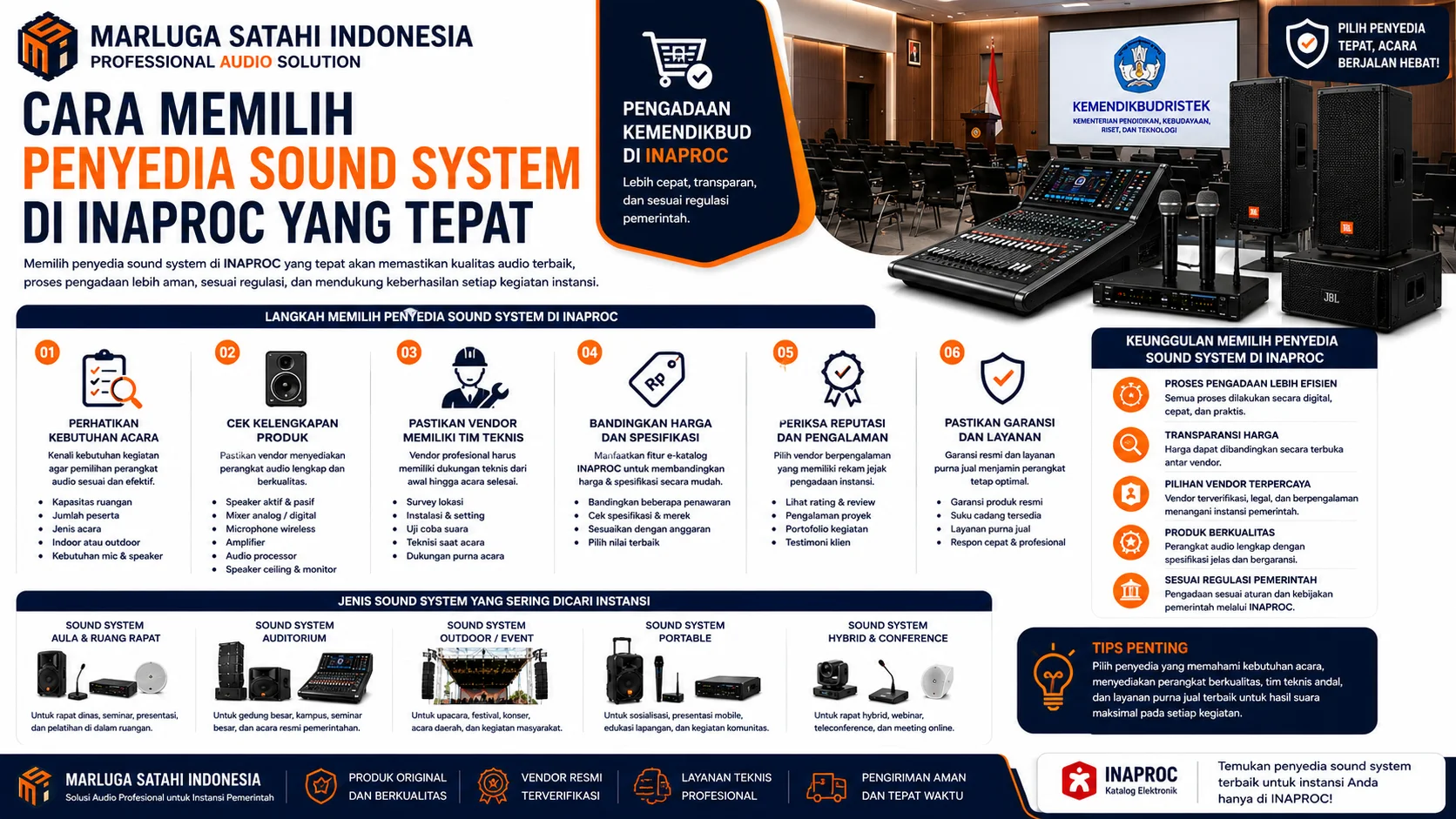 Cara memilih Penyedia Sound System di Inaproc melalui perbandingan harga, spesifikasi, reputasi vendor, layanan purna jual, dan dukungan teknis profesional.