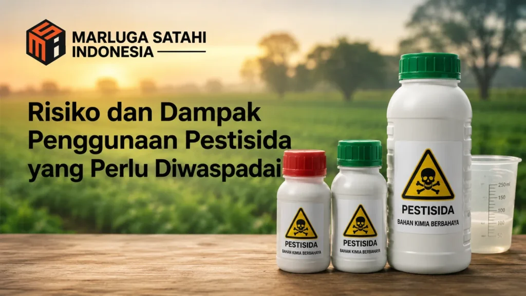 Banner edukasi Risiko dan Dampak Penggunaan Pestisida yang Perlu Diwaspadai dari Marluga Satahi Indonesia, menampilkan tiga botol cairan kimia berbahaya dengan logo tengkorak.
