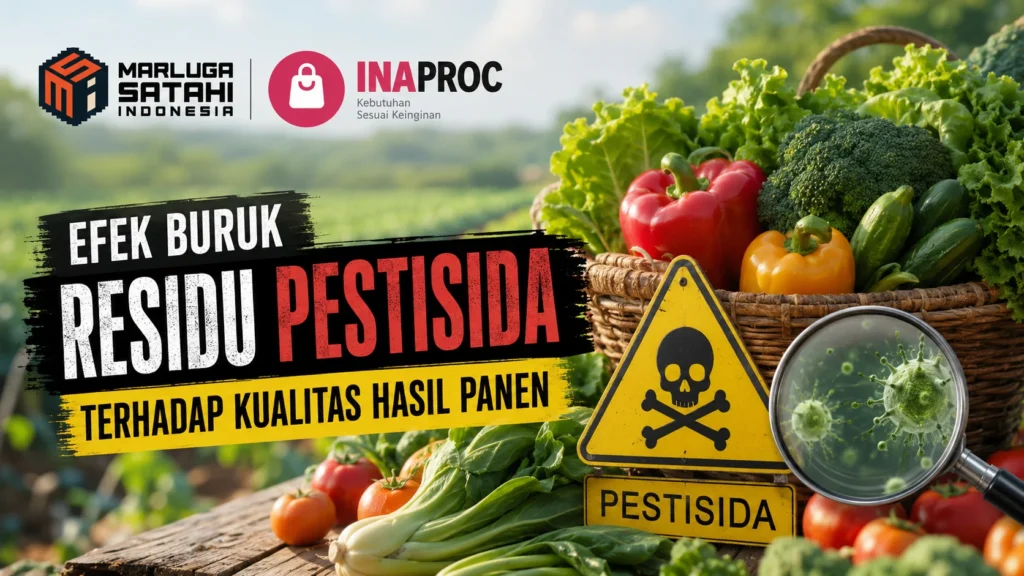 Efek buruk residu pestisida terhadap kualitas hasil panen sayuran segar dengan ilustrasi kontaminasi pestisida, logo Marluga Satahi Indonesia dan Inaproc.