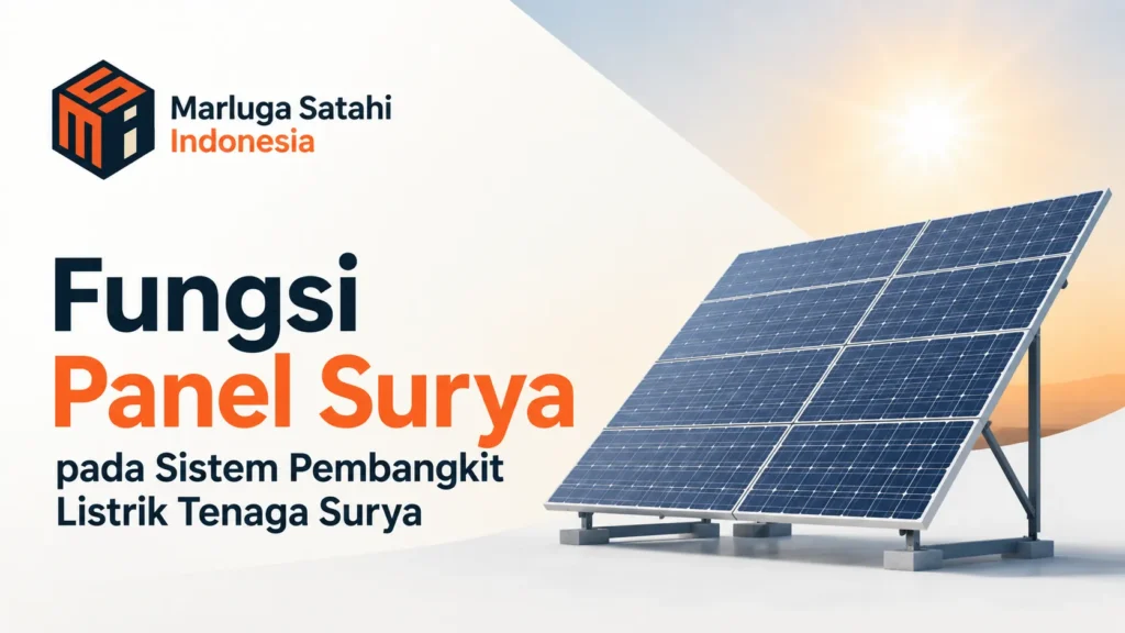 Ilustrasi fungsi panel surya pada sistem pembangkit listrik tenaga surya (PLTS) dengan logo Marluga Satahi Indonesia.