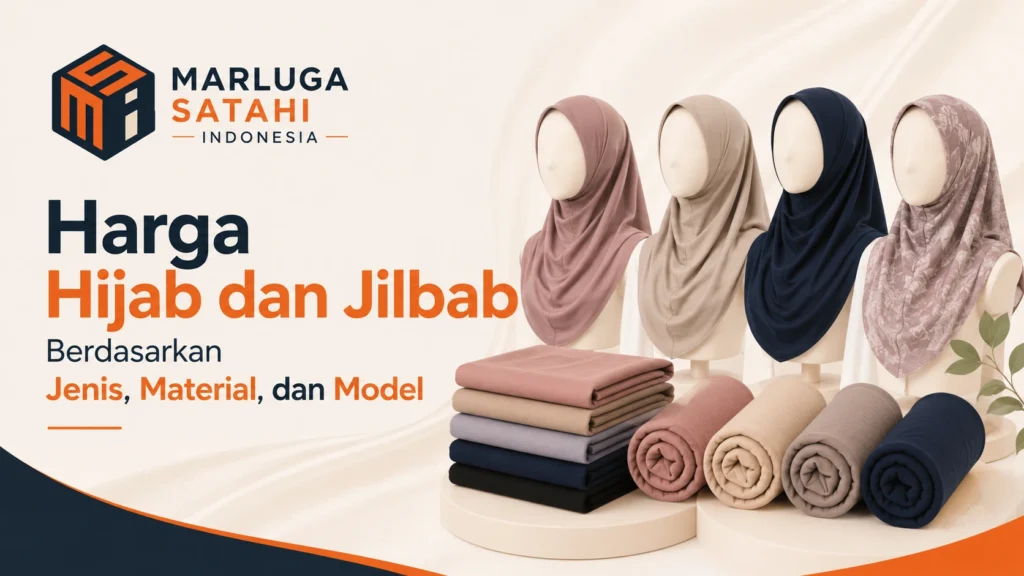 Harga hijab dan jilbab berdasarkan jenis material dan model dengan ilustrasi produk hijab serta logo Marluga Satahi Indonesia