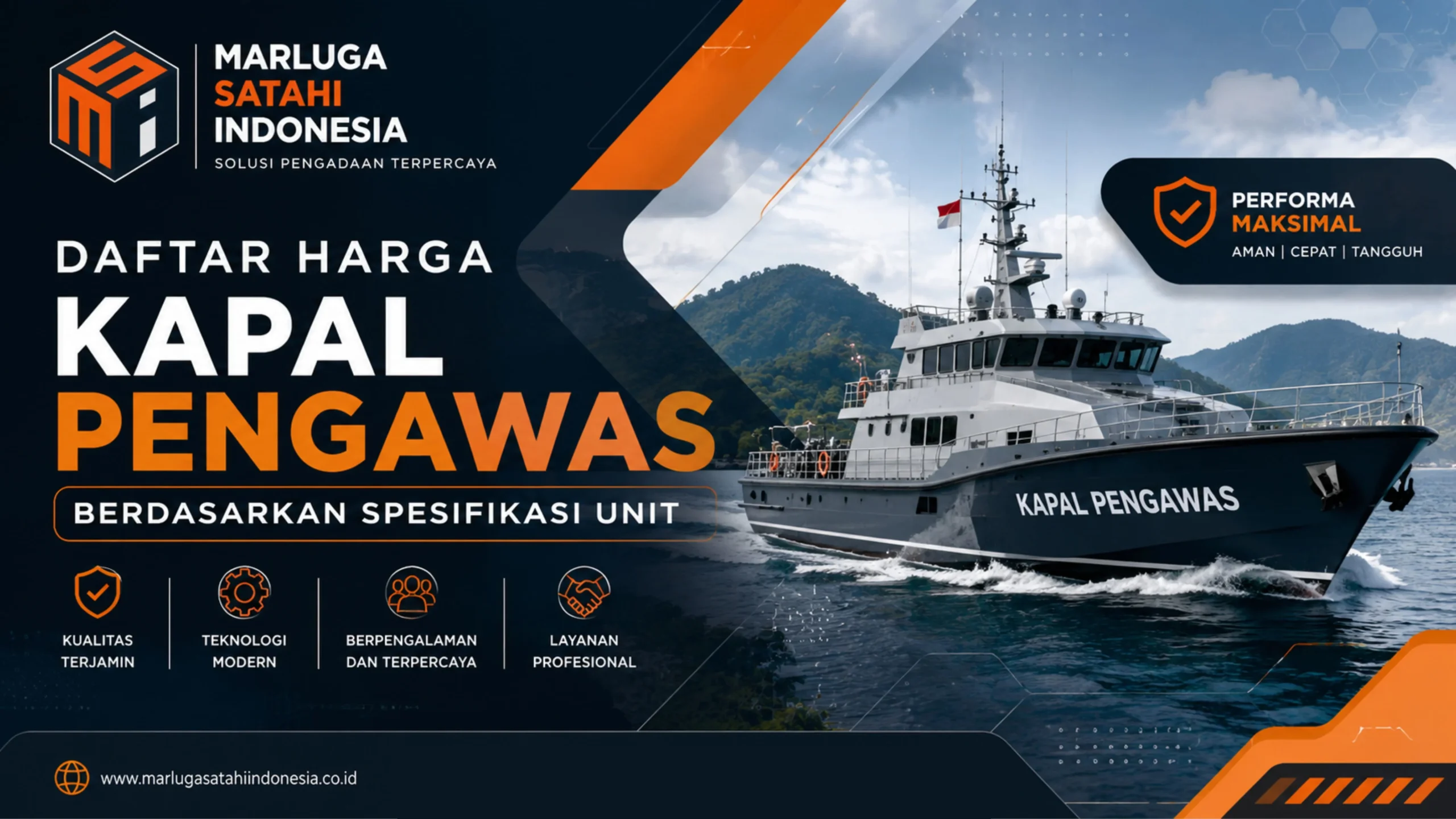 Ilustrasi gambar harga kapal pengawas berdasarkan spesifikasi unit untuk kebutuhan pengawasan dan operasional maritim oleh Marluga Satahi Indonesia