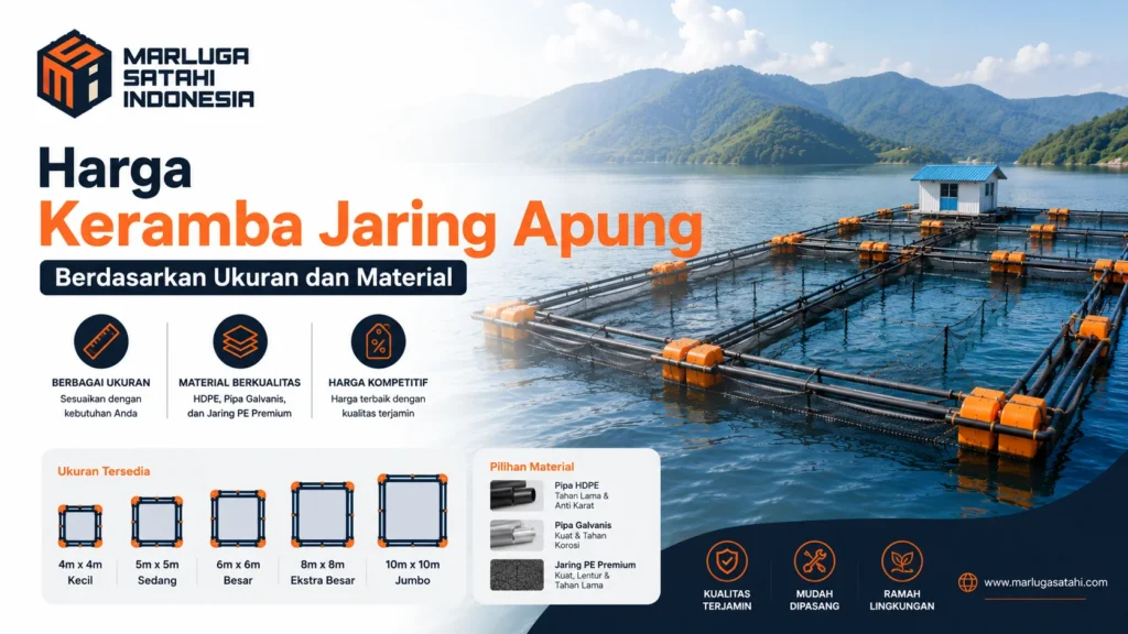 Harga keramba jaring apung berdasarkan ukuran dan material dengan ilustrasi keramba HDPE modern di perairan serta logo Marluga Satahi Indonesia.