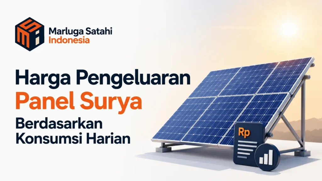 Ilustrasi panel surya untuk artikel tentang harga pengeluaran panel surya berdasarkan konsumsi harian dengan logo Marluga Satahi Indonesia.