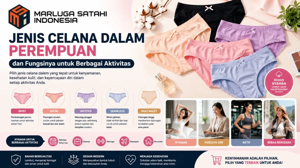 Jenis Celana Dalam Perempuan dan Fungsinya untuk Berbagai Aktivitas dengan ilustrasi berbagai model celana dalam dan logo Marluga Satahi Indonesia