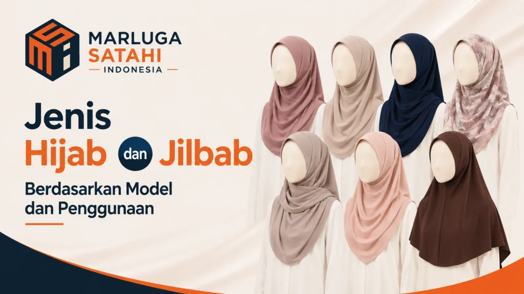 Jenis hijab dan jilbab berdasarkan model dan penggunaan dengan ilustrasi berbagai model hijab serta logo Marluga Satahi Indonesia