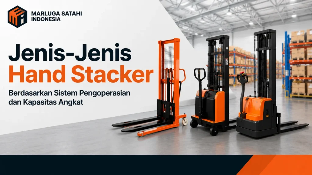 Jenis-Jenis Hand Stacker berdasarkan sistem pengoperasian dan kapasitas angkat untuk kebutuhan material handling di gudang industri.