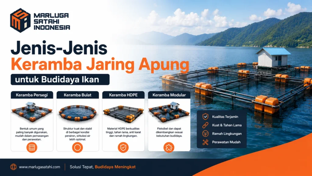 Jenis-Jenis Keramba Jaring Apung untuk budidaya ikan menampilkan berbagai tipe keramba seperti keramba persegi, bulat, HDPE, dan modular dengan logo Marluga Satahi Indonesia di area perairan budidaya modern