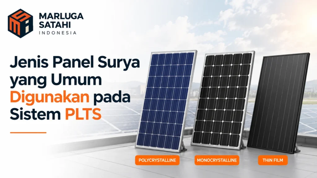 Feature image jenis panel surya yang umum digunakan pada sistem PLTS dengan ilustrasi panel surya monocrystalline, polycrystalline, thin film, serta logo Marluga Satahi Indonesia.