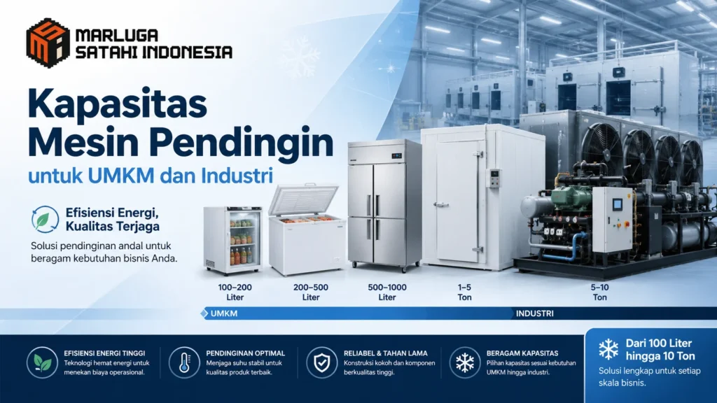 Kapasitas Mesin Pendingin untuk UMKM dan Industri dengan berbagai pilihan kapasitas dari 100 liter hingga di atas 10 ton oleh MARLUGA SATAHI INDONESIA.