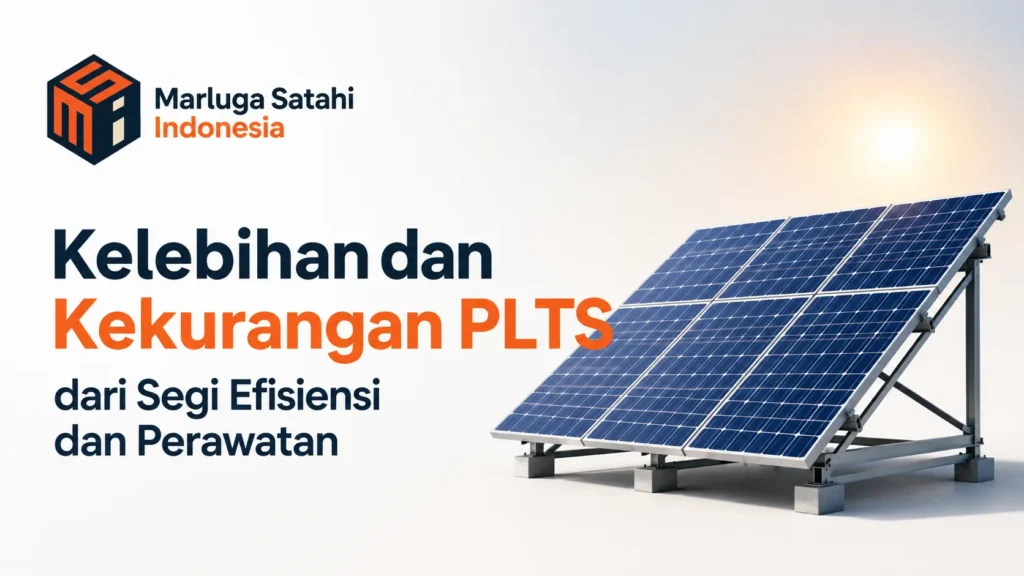 Ilustrasi panel surya untuk artikel tentang kelebihan dan kekurangan PLTS dari segi efisiensi dan perawatan dengan logo Marluga Satahi Indonesia.