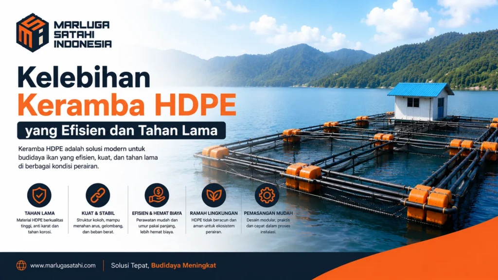 Kelebihan keramba HDPE yang efisien dan tahan lama untuk budidaya ikan dengan struktur keramba apung HDPE modern di perairan serta logo Marluga Satahi Indonesia