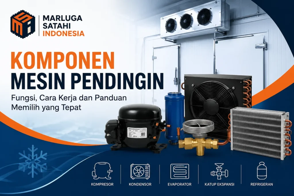 Komponen Mesin Pendingin Marluga Satahi Indonesia meliputi kompresor, kondensor, evaporator, katup ekspansi, dan refrigeran untuk sistem refrigerasi industri.