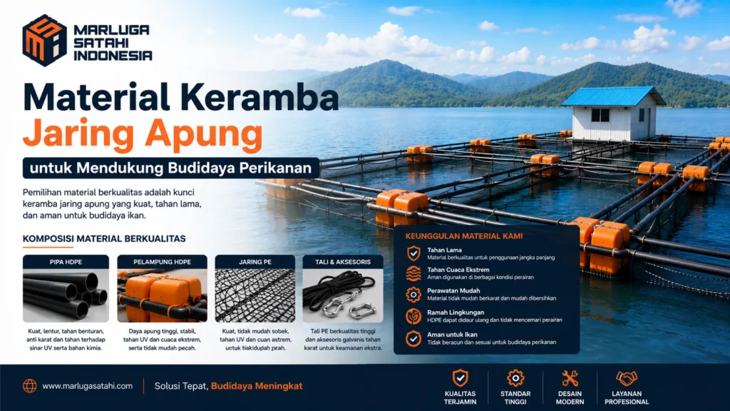 Material keramba jaring apung untuk mendukung budidaya perikanan dengan komponen HDPE, pelampung, jaring PE, dan aksesori berkualitas pada instalasi keramba apung modern serta logo Marluga Satahi Indonesia