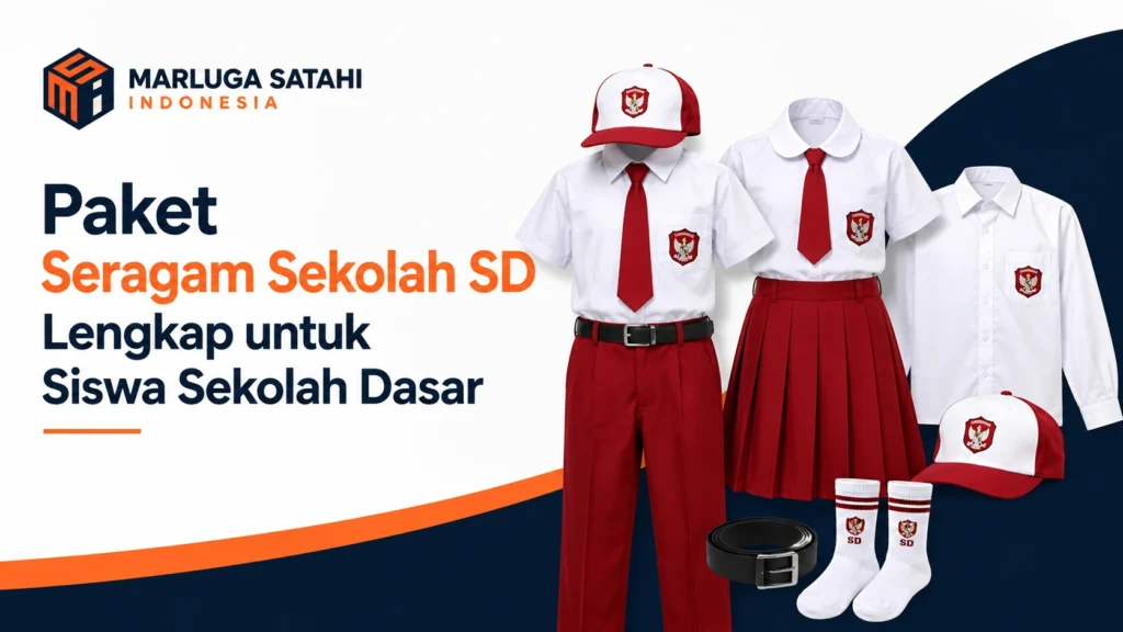 Ilustrasi paket seragam sekolah SD lengkap untuk siswa sekolah dasar yang terdiri dari seragam putra dan putri, topi, dasi, tas, sepatu, kaos kaki, serta logo Marluga Satahi Indonesia.