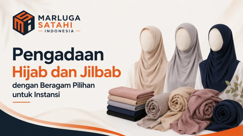 Pengadaan hijab dan jilbab dengan beragam pilihan untuk instansi dengan ilustrasi produk hijab dan logo Marluga Satahi Indonesia