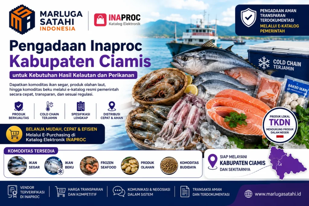 Pengadaan Inaproc Kabupaten Ciamis untuk kebutuhan hasil kelautan dan perikanan melalui e-Katalog pemerintah bersama Marluga Satahi Indonesia dengan komoditas ikan segar, frozen seafood, produk olahan, dan distribusi cold chain terjamin.