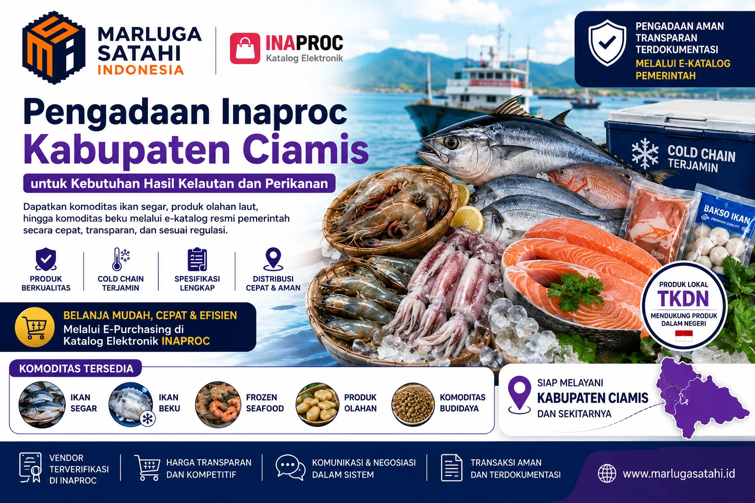 Pengadaan Inaproc Kabupaten Ciamis untuk kebutuhan hasil kelautan dan perikanan melalui e-Katalog pemerintah bersama Marluga Satahi Indonesia dengan komoditas ikan segar, frozen seafood, produk olahan, dan distribusi cold chain terjamin.