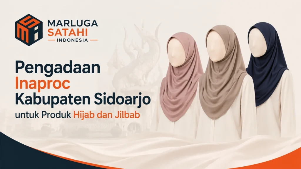Pengadaan Inaproc Kabupaten Sidoarjo untuk produk hijab dan jilbab dengan ilustrasi produk hijab serta logo Marluga Satahi Indonesia