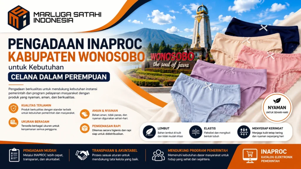 Pengadaan Inaproc Kabupaten Wonosobo untuk kebutuhan celana dalam perempuan dengan ilustrasi produk berkualitas dan logo Marluga Satahi Indonesia
