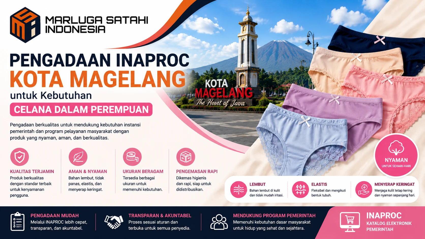 Pengadaan Inaproc Kota Magelang untuk kebutuhan celana dalam perempuan dengan ilustrasi produk berkualitas dan logo Marluga Satahi Indonesia