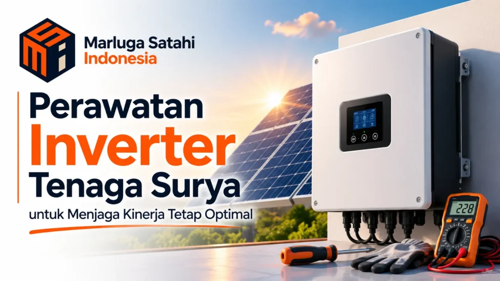 Ilustrasi inverter tenaga surya untuk artikel tentang perawatan inverter tenaga surya agar kinerja tetap optimal dengan logo Marluga Satahi Indonesia.