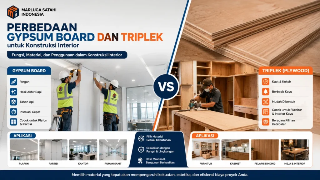 Perbedaan Gypsum Board dan Triplek dari segi fungsi material dan penggunaan konstruksi interior