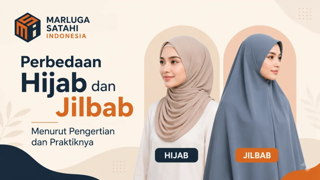 Ilustrasi perbedaan hijab dan jilbab menurut pengertian dan praktiknya dengan logo Marluga Satahi Indonesia.