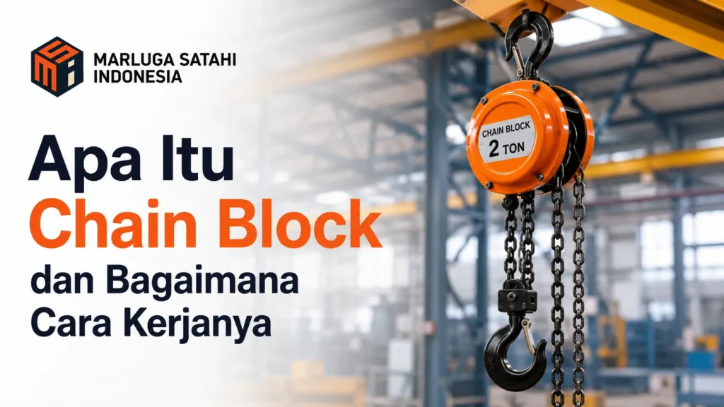 Banner promosi Marluga Satahi Indonesia bertuliskan 'Apa Itu Chain Block dan Bagaimana Cara Kerjanya' dengan visual alat katrol rantai oranye 2 ton di area workshop.