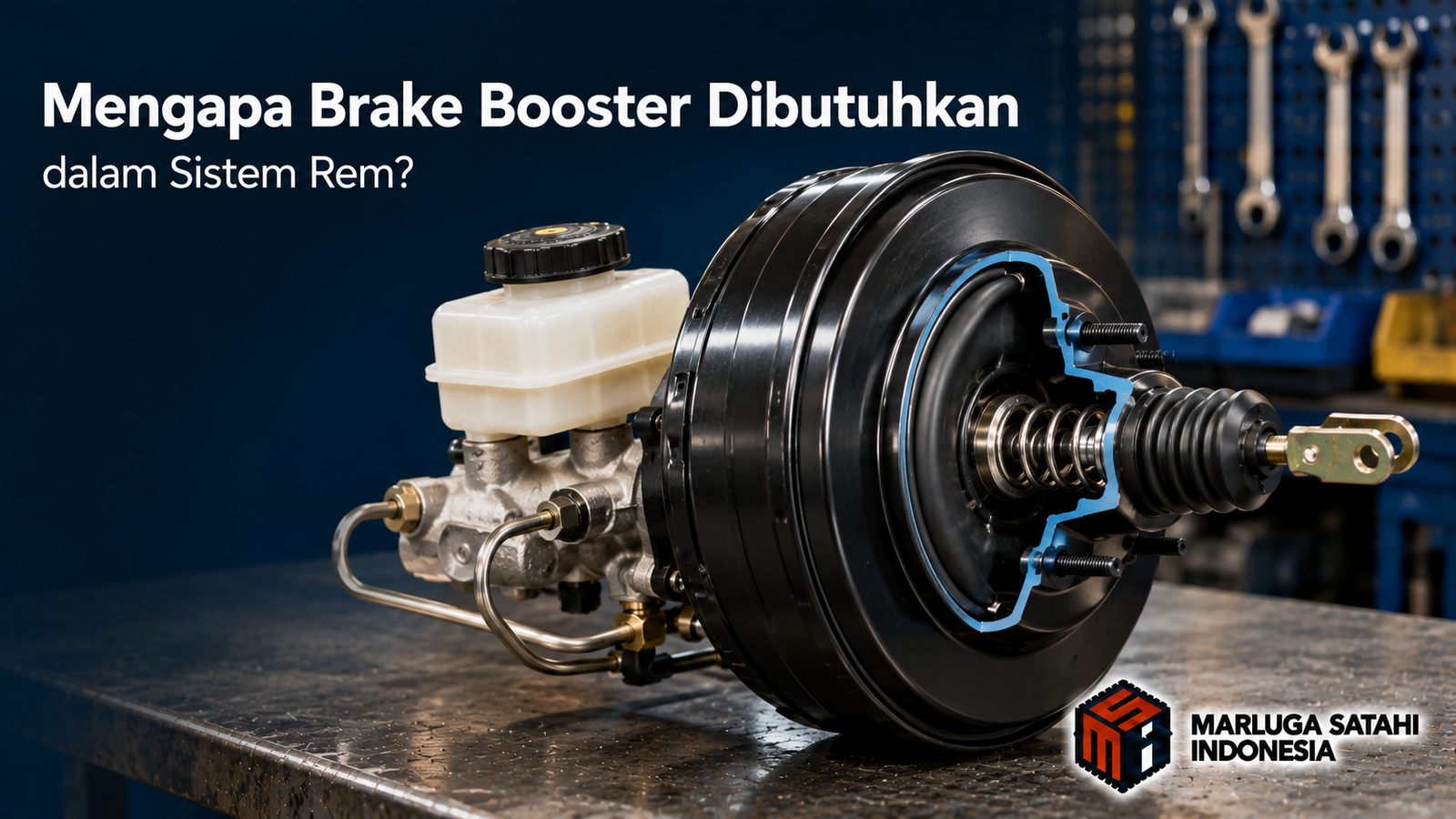 Banner profesional yang menampilkan komponen Brake Booster sebagai bagian dari sistem rem kendaraan dengan tampilan detail mekanisme internal untuk kebutuhan industri otomotif.