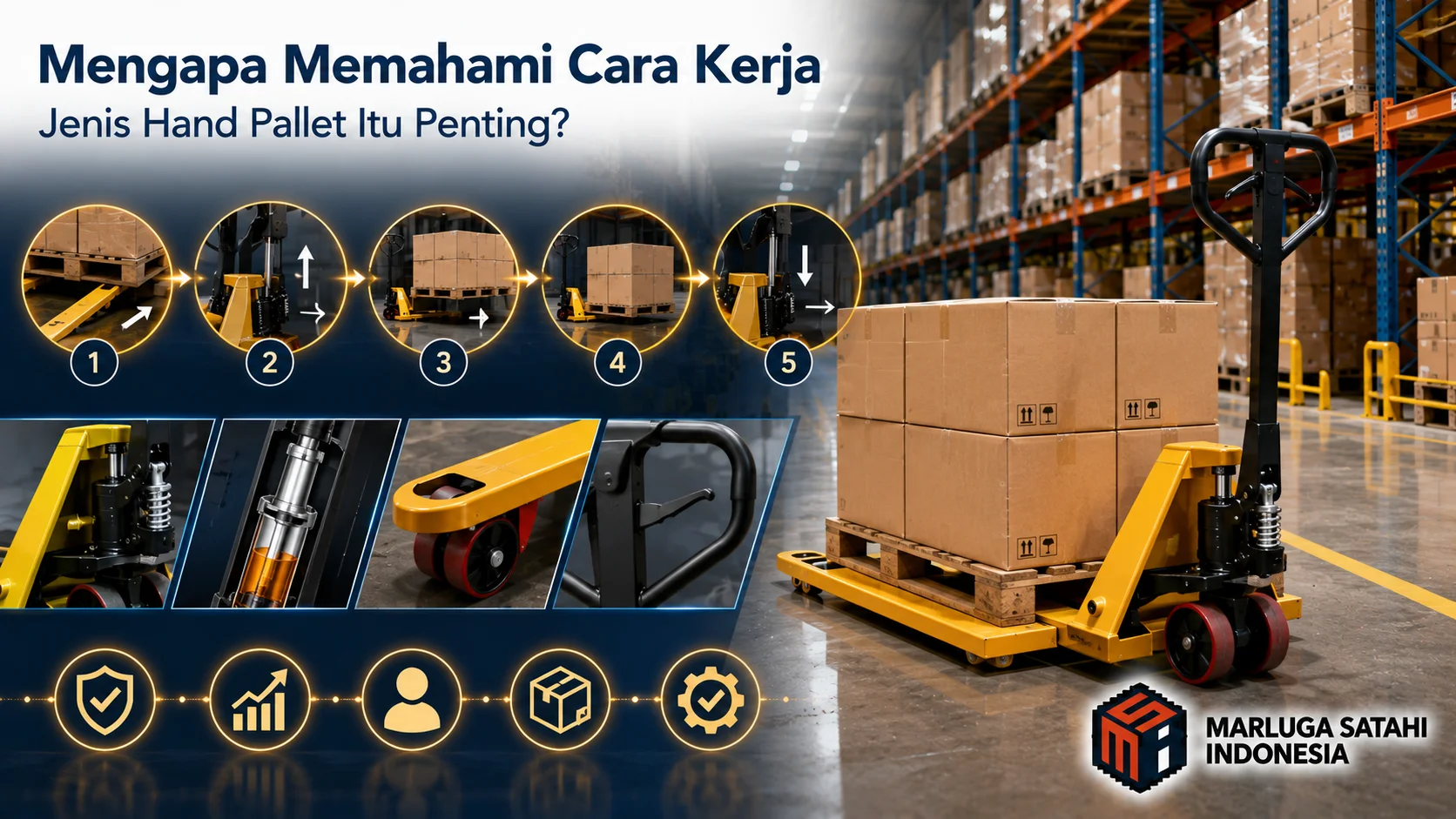 Banner edukasi cara kerja hand pallet yang menampilkan proses pengoperasian sistem hidrolik, komponen utama, dan penggunaan hand pallet untuk aktivitas pemindahan barang di gudang modern.