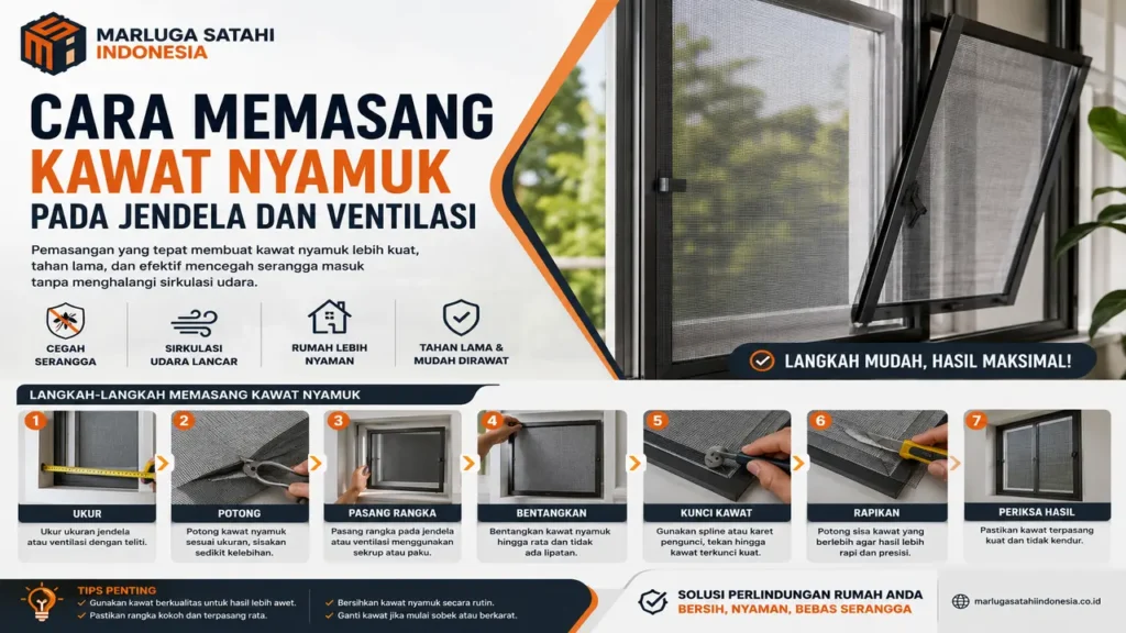 Cara memasang kawat nyamuk pada jendela menggunakan rangka aluminium untuk menjaga rumah tetap bebas serangga dan nyaman.