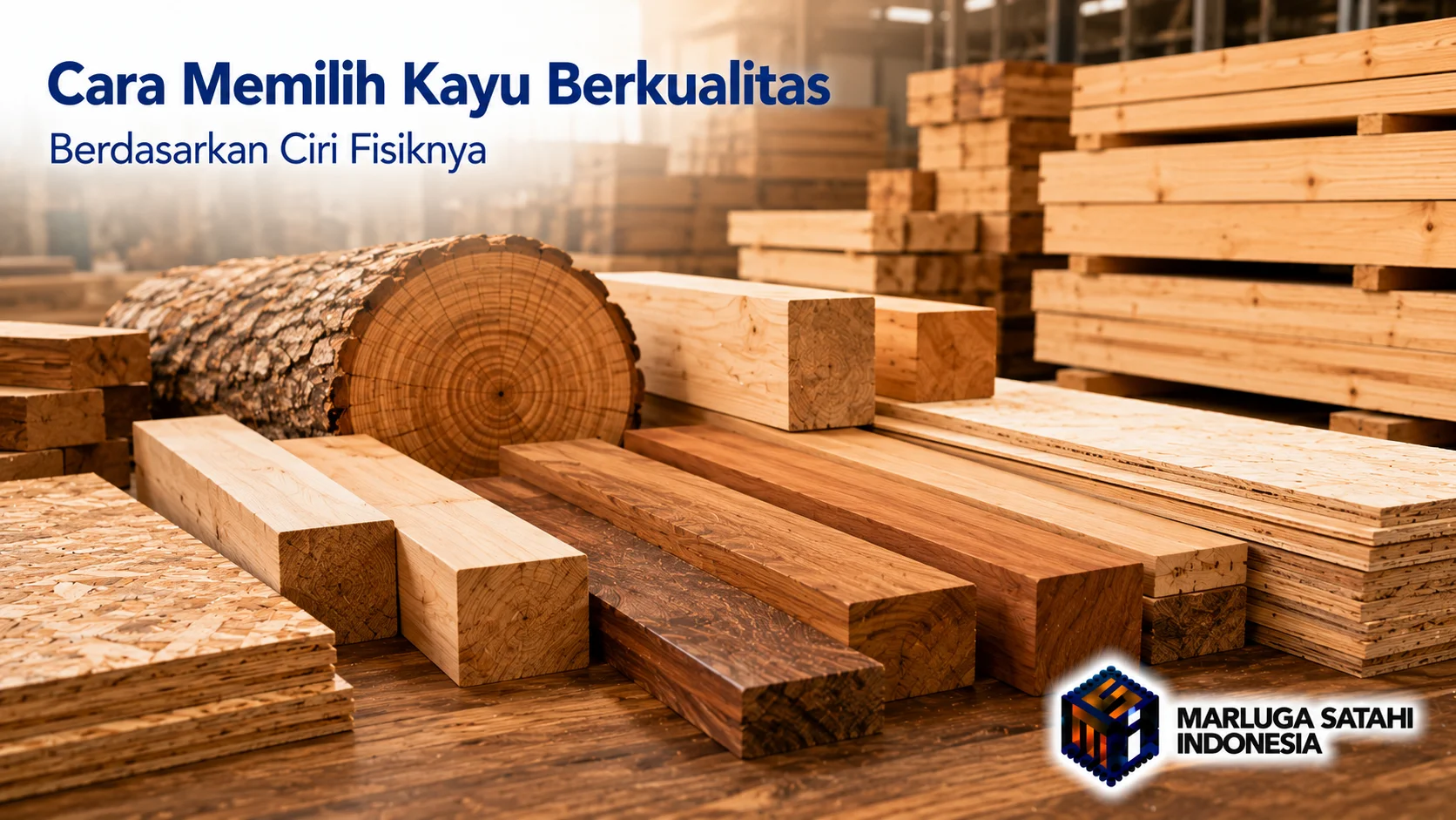 Susunan berbagai jenis balok kayu, kayu gelondongan, plywood, dan papan kayu dengan tekstur serta serat yang terlihat jelas sebagai ilustrasi cara memilih kayu berkualitas berdasarkan ciri fisiknya.